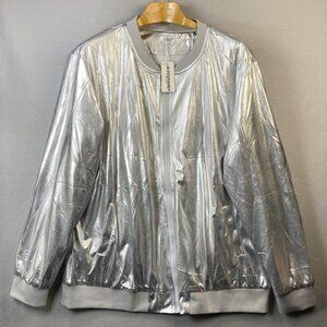 Coofandy Bomber Jacket Mens XXL Metallic Silver Lavish Disco Zip Space Alien NWT